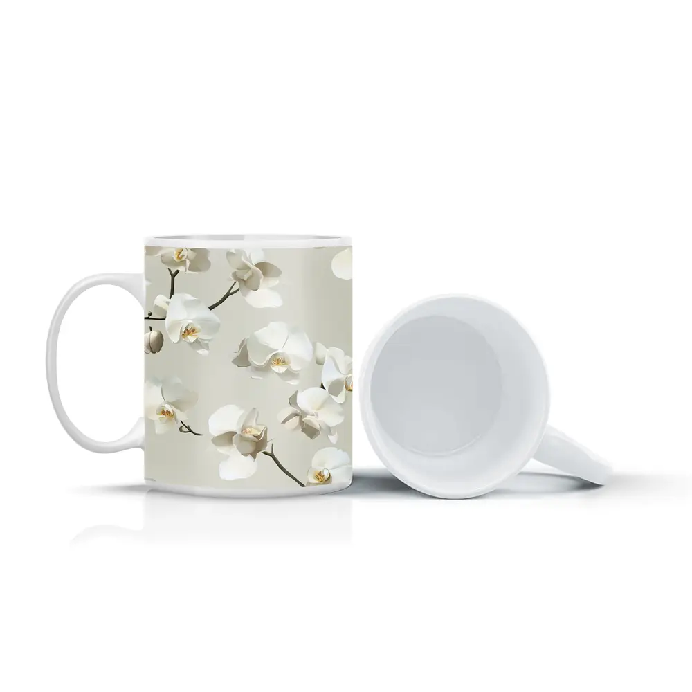 White Orchid Flowers On Beige Background – Mugs