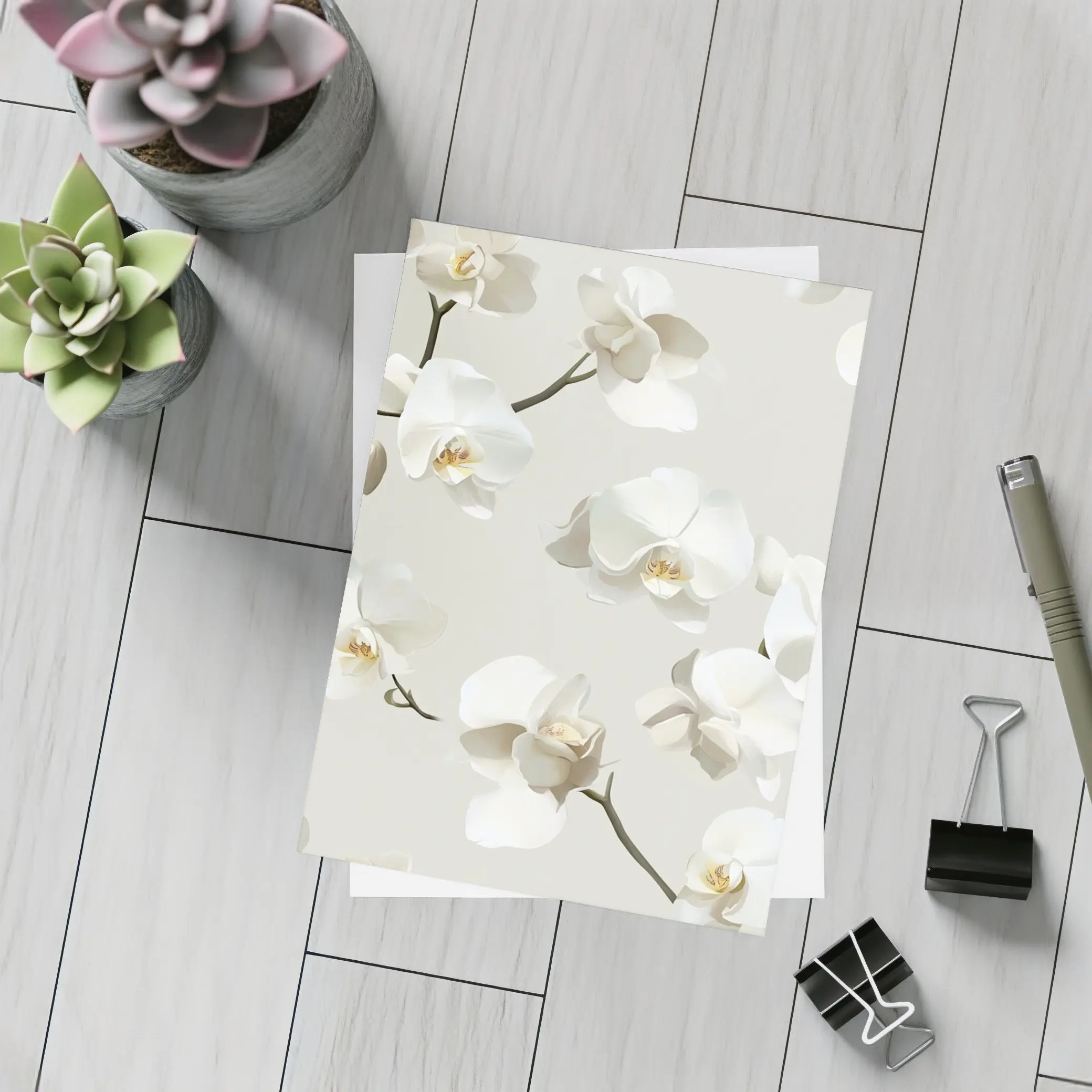 White Orchid Flowers On Beige Background – Postcards