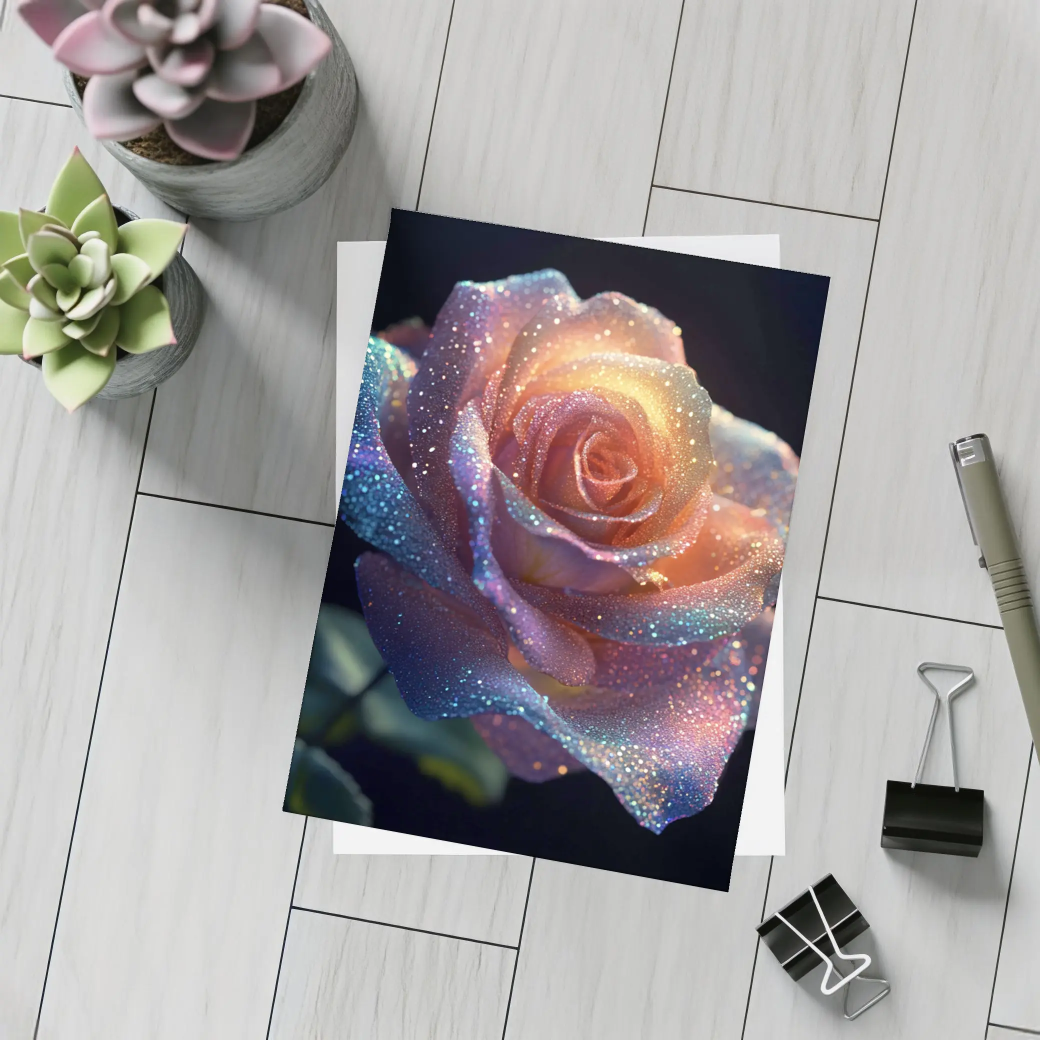 Glitter Rose Multicolor Dark Background Art – Postcards