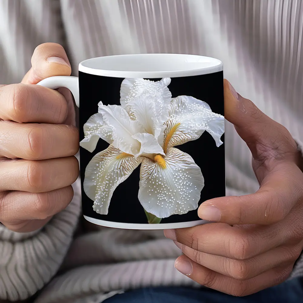 White Iris Flower Black Background Art – Mugs