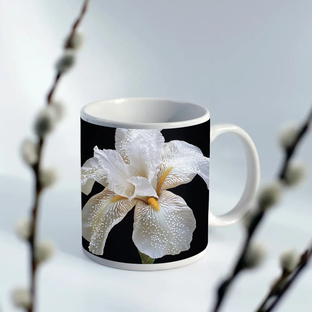 White Iris Flower Black Background Art – Mugs