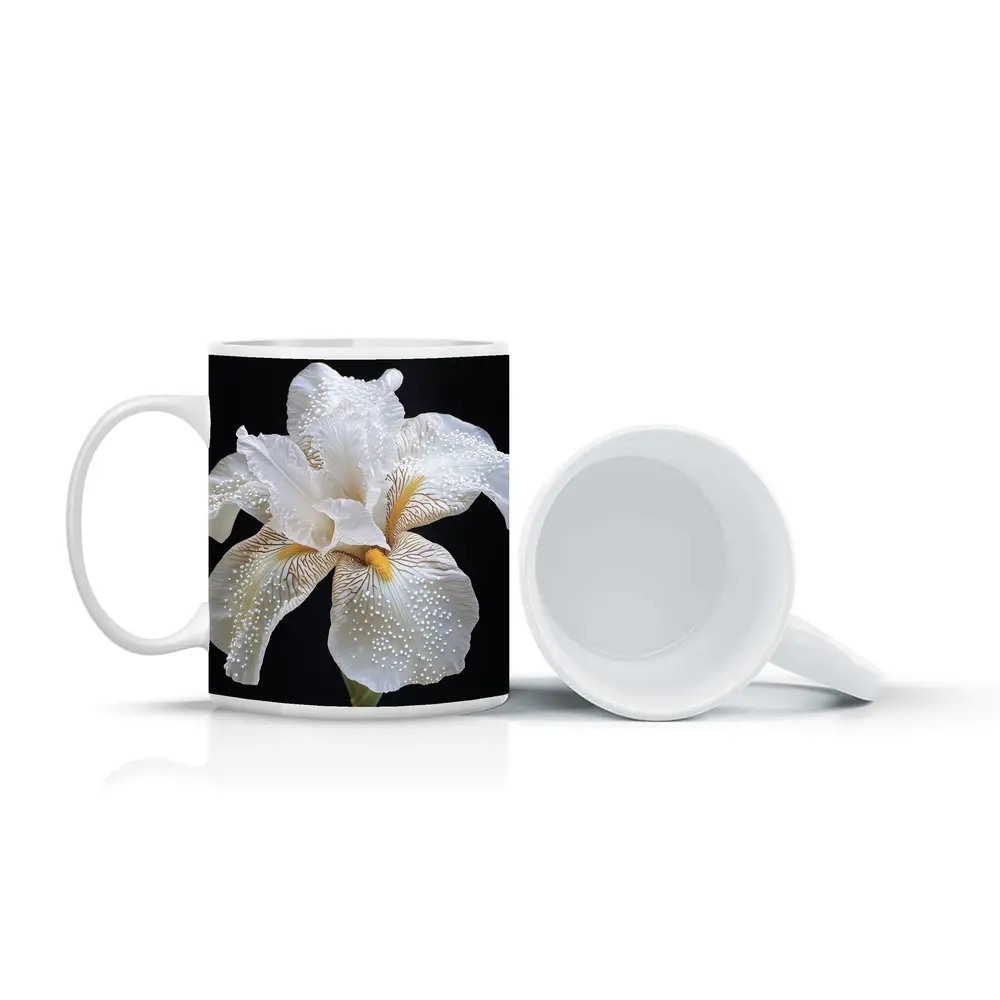White Iris Flower Black Background Art – Mugs