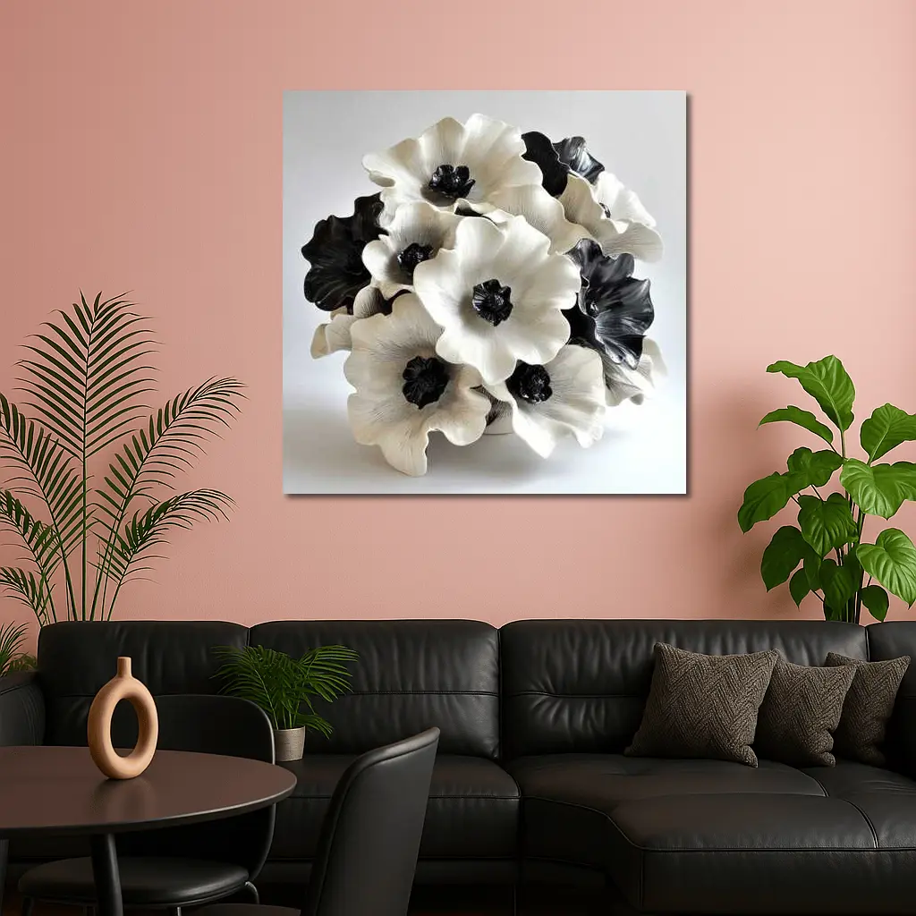 Black White Anemone Flowers Ceramic Sculpture Art – Wall Art
