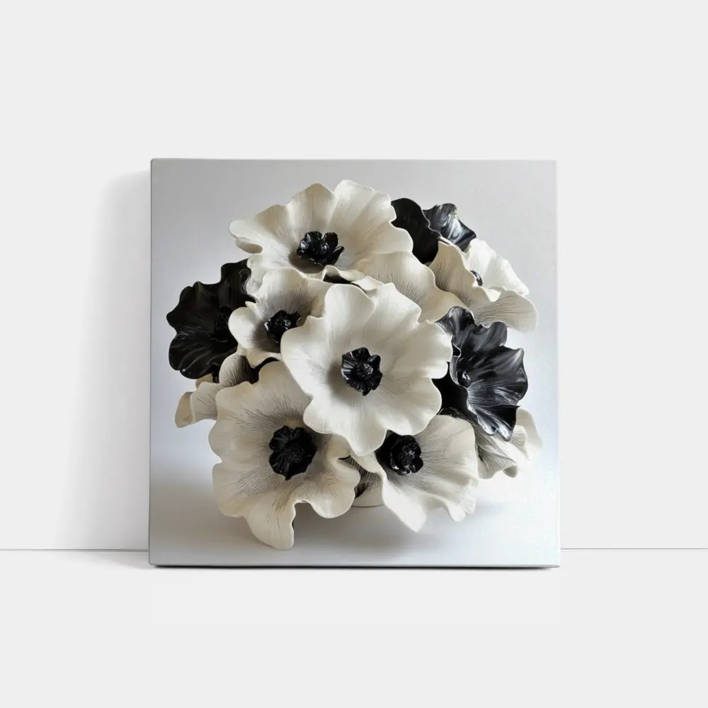 Black White Anemone Flowers Ceramic Sculpture Art – Wall Art