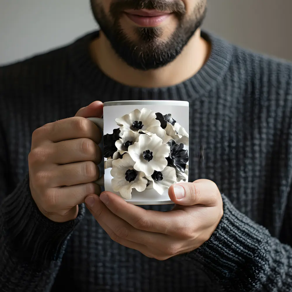 Black White Anemone Flowers Ceramic Sculpture Art – Mugs