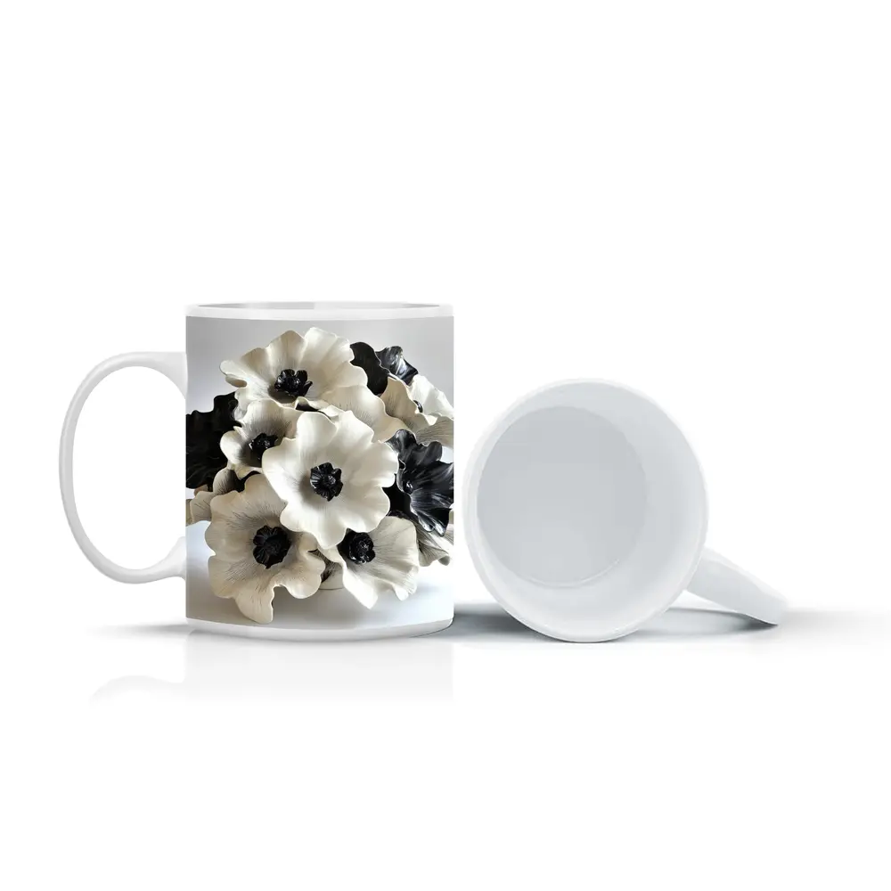 Black White Anemone Flowers Ceramic Sculpture Art – Mugs