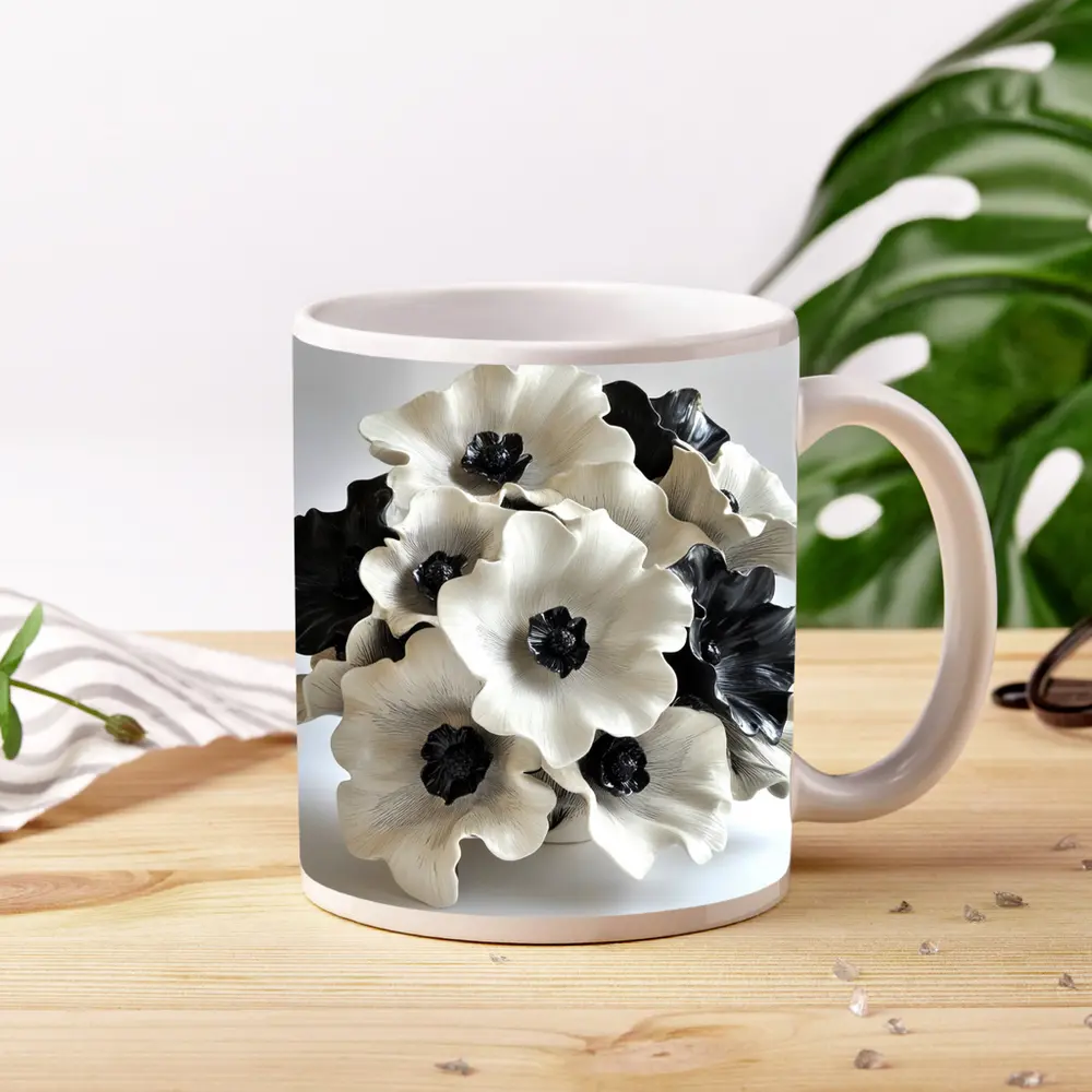 Black White Anemone Flowers Ceramic Sculpture Art – Mugs