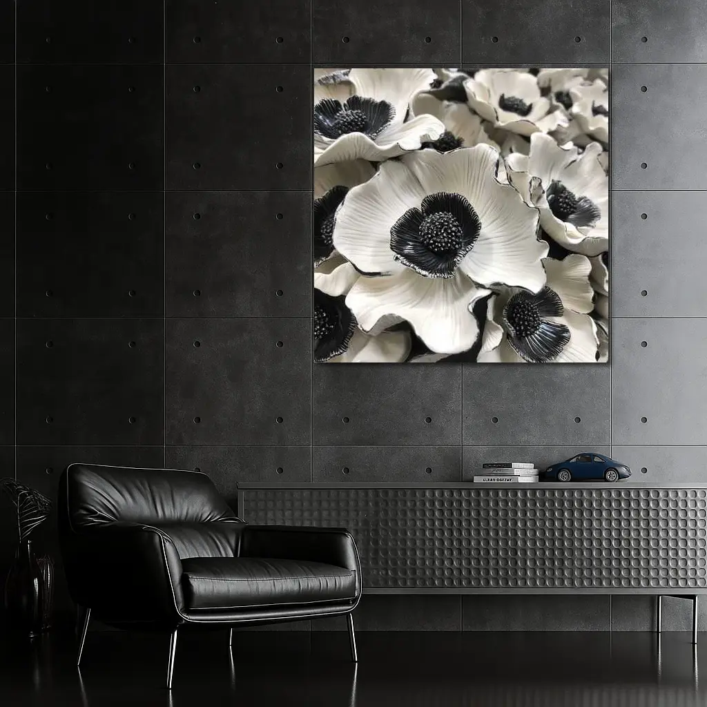 Black White Anemone Flowers Sculptural Floral Art – Wall Art
