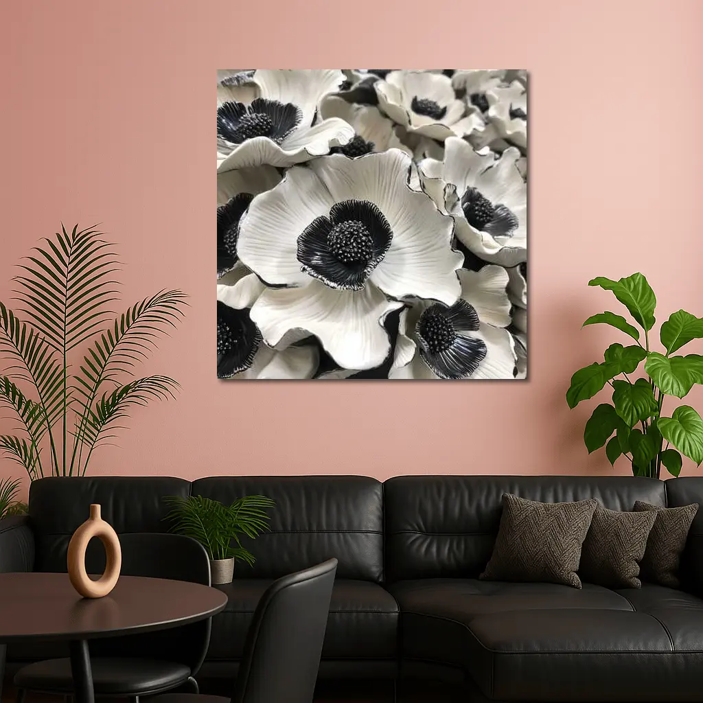 Black White Anemone Flowers Sculptural Floral Art – Wall Art