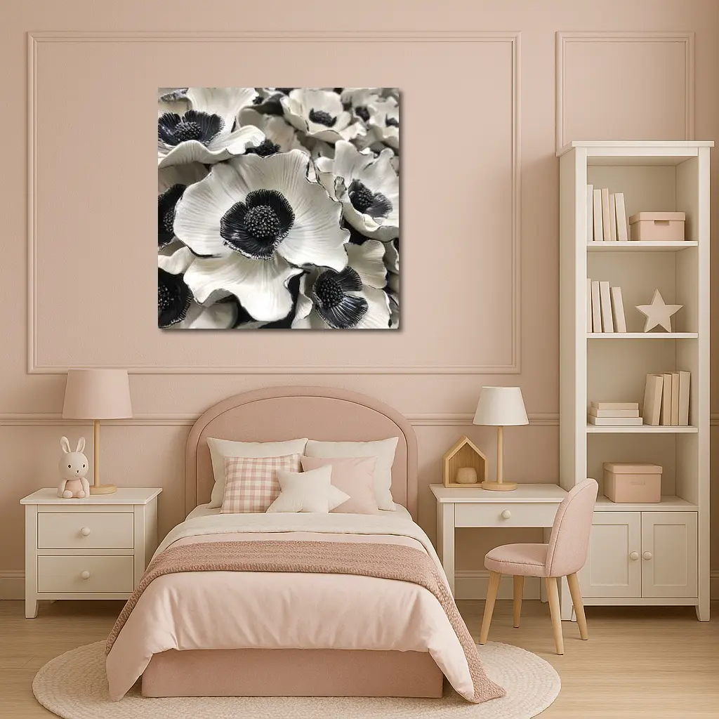 Black White Anemone Flowers Sculptural Floral Art – Wall Art