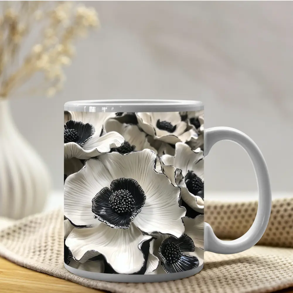 Black White Anemone Flowers Sculptural Floral Art – Mugs