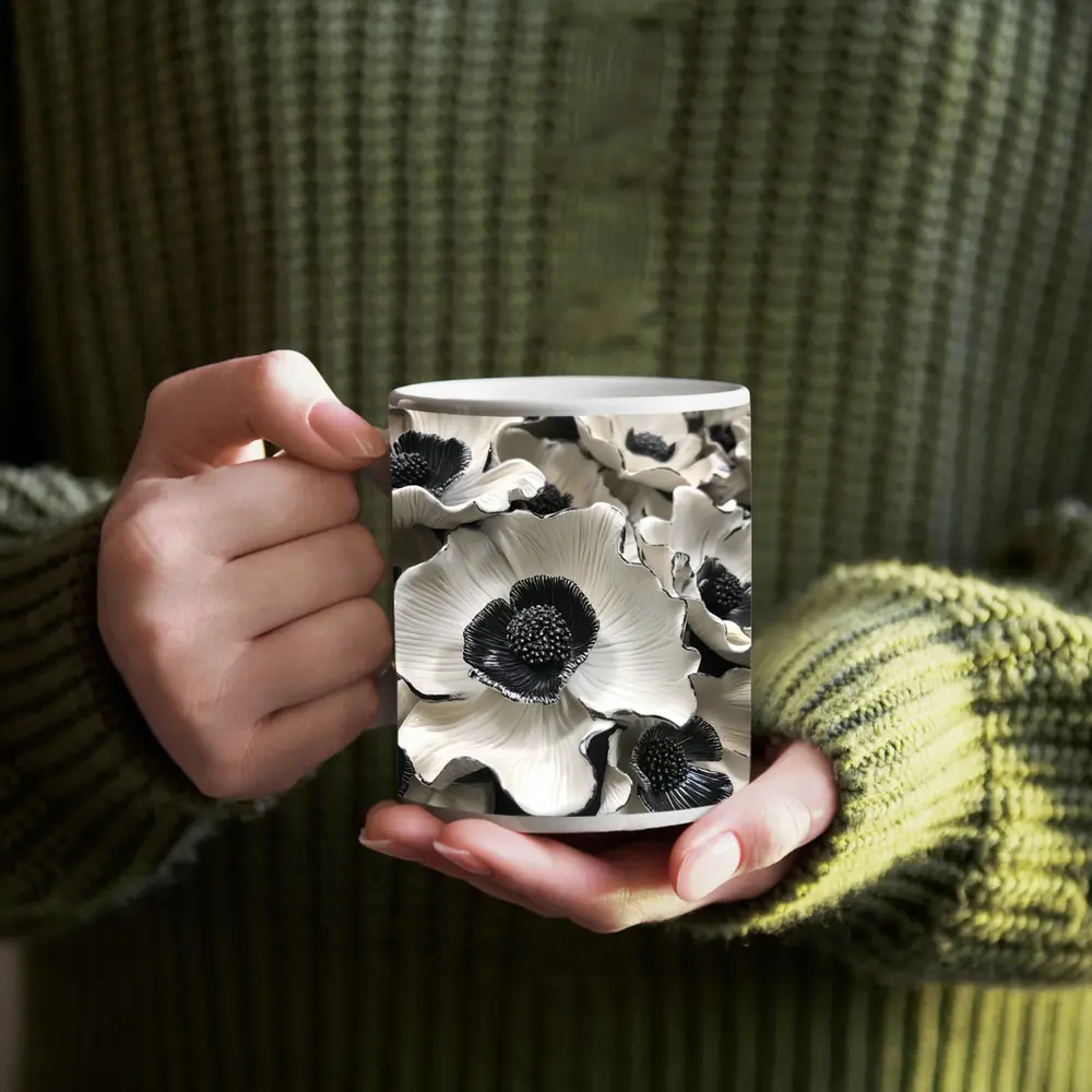 Black White Anemone Flowers Sculptural Floral Art – Mugs