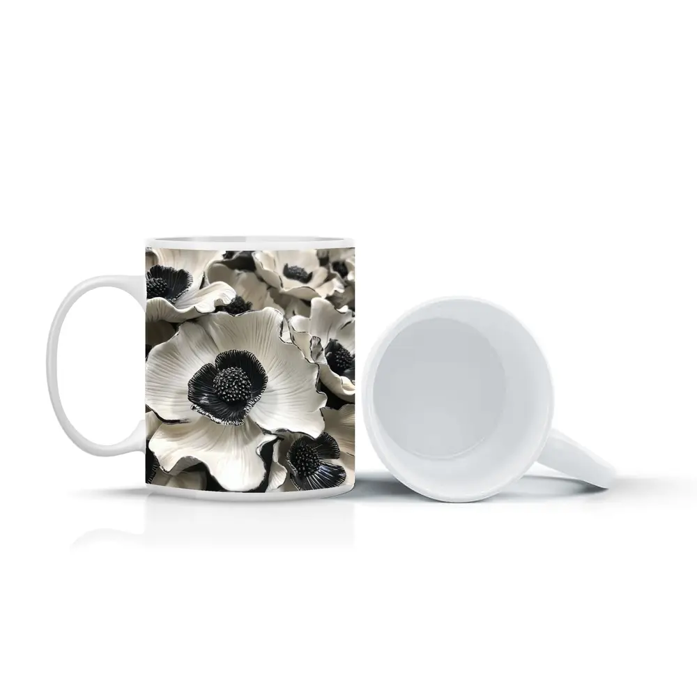 Black White Anemone Flowers Sculptural Floral Art – Mugs
