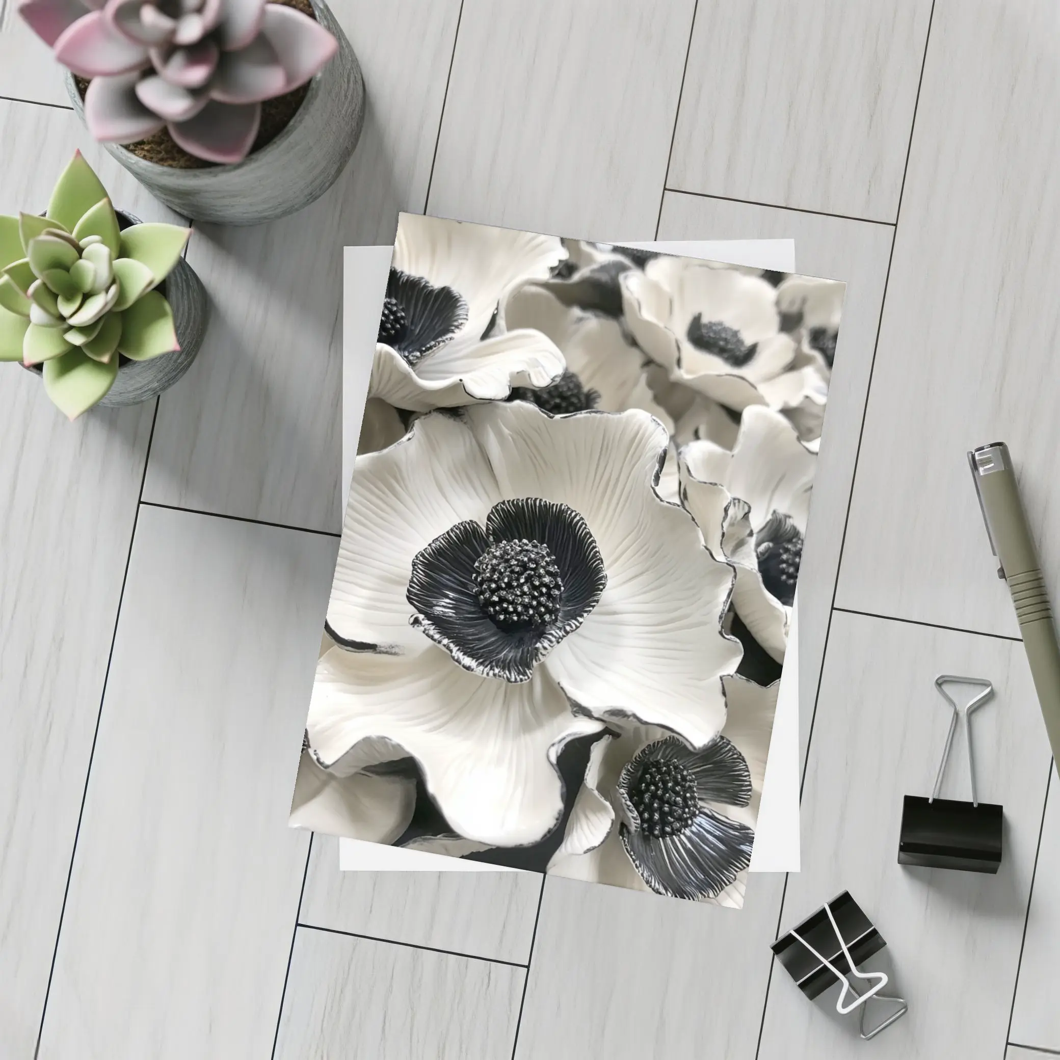 Black White Anemone Flowers Sculptural Floral Art – Postcards