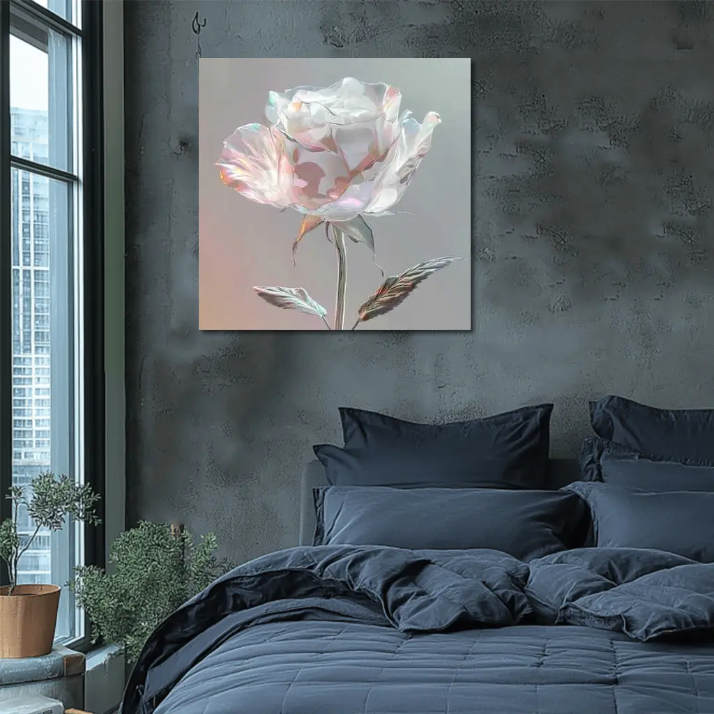 Iridescent Glass Rose Soft Gray Background – Wall Art