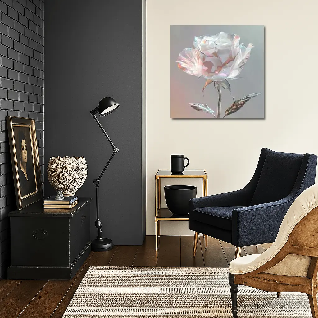 Iridescent Glass Rose Soft Gray Background – Wall Art