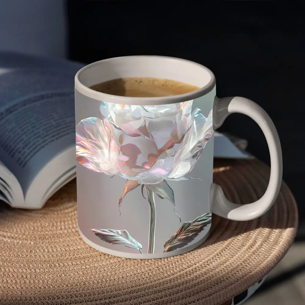 Iridescent Glass Rose Soft Gray Background – Mugs
