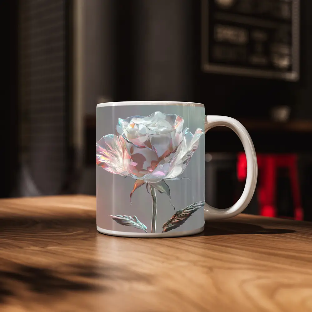 Iridescent Glass Rose Soft Gray Background – Mugs