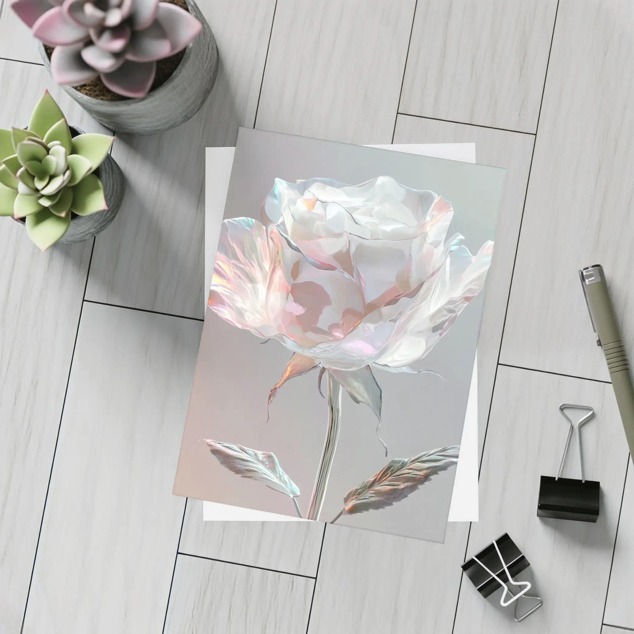 Iridescent Glass Rose Soft Gray Background – Postcards