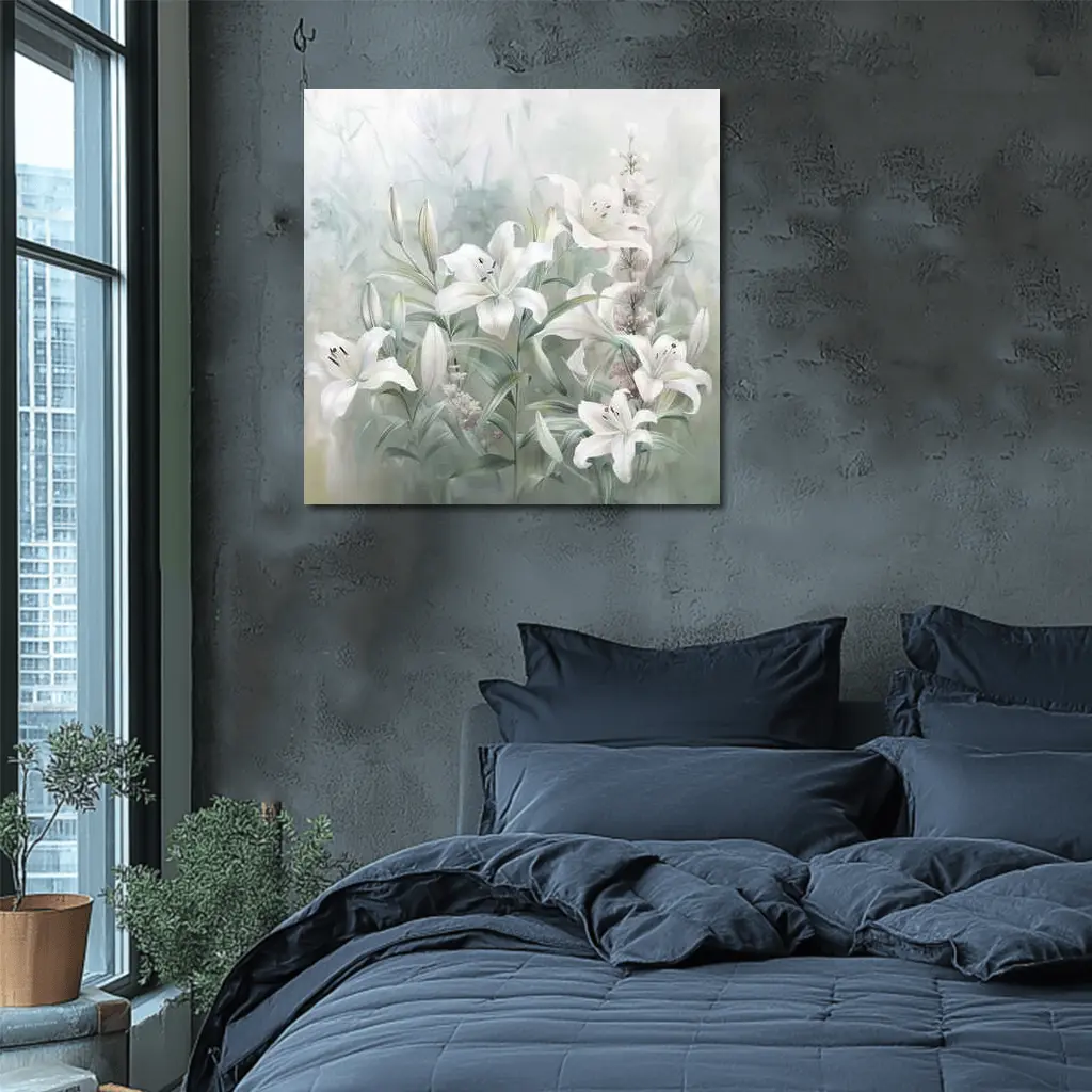 White Lilies Soft Green Watercolor Floral Art – Wall Art