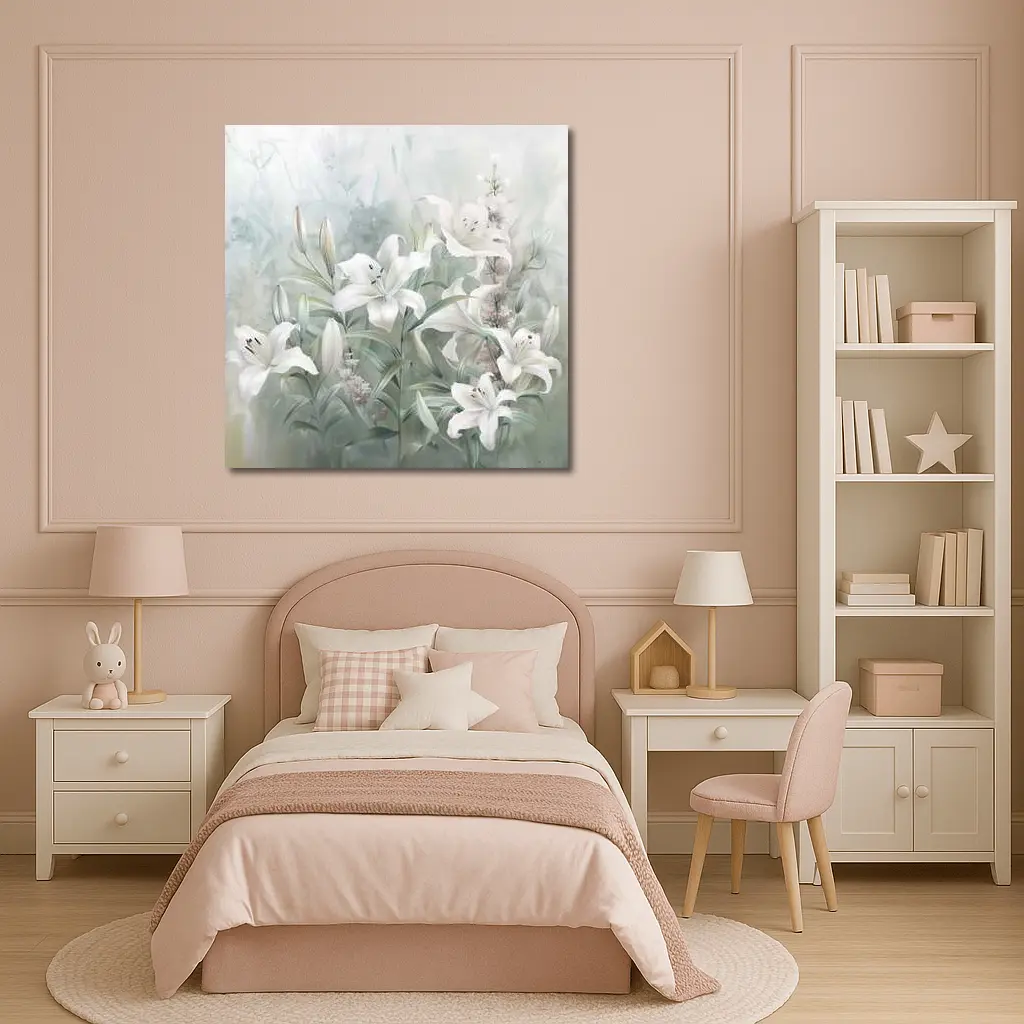 White Lilies Soft Green Watercolor Floral Art – Wall Art