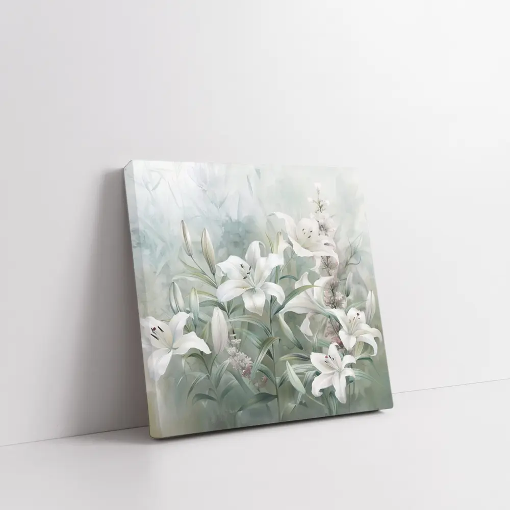 White Lilies Soft Green Watercolor Floral Art – Wall Art