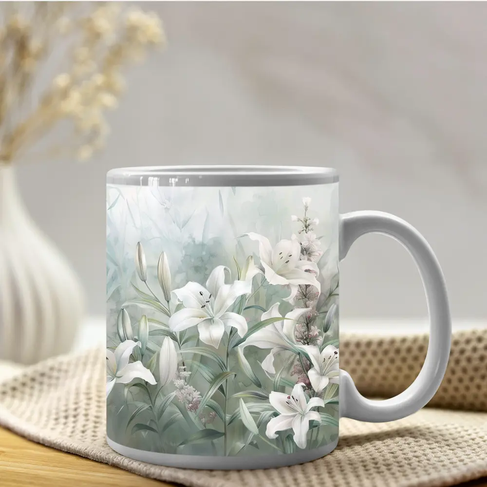 White Lilies Soft Green Watercolor Floral Art – Mugs