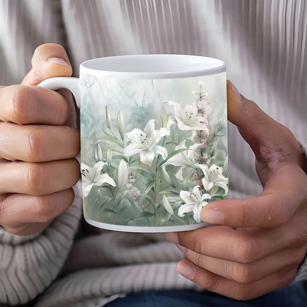 White Lilies Soft Green Watercolor Floral Art – Mugs