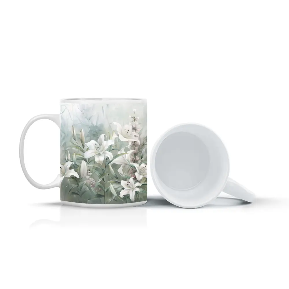 White Lilies Soft Green Watercolor Floral Art – Mugs