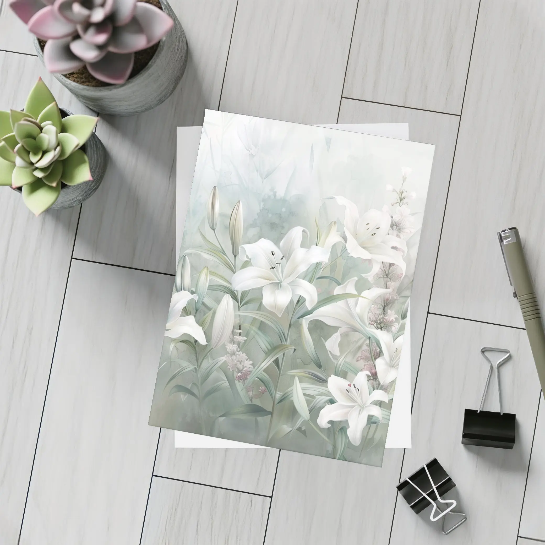 White Lilies Soft Green Watercolor Floral Art – Postcards