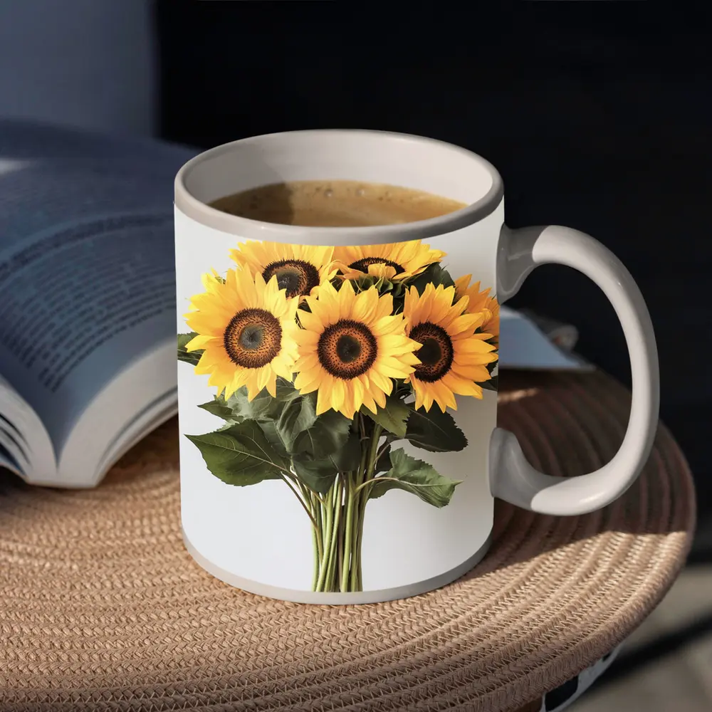 Sunflower Bouquet Against White Background – Mugs