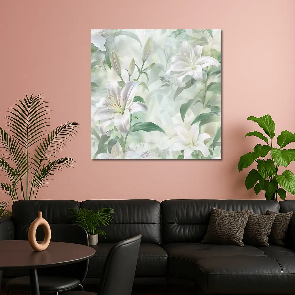 White Lily Flowers Soft Green Botanical Art – Wall Art