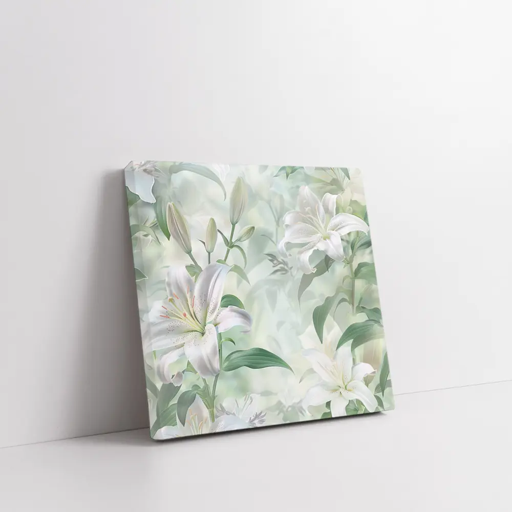 White Lily Flowers Soft Green Botanical Art – Wall Art