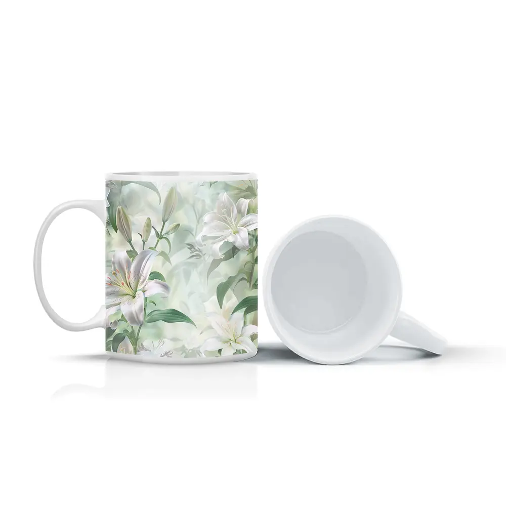 White Lily Flowers Soft Green Botanical Art – Mugs