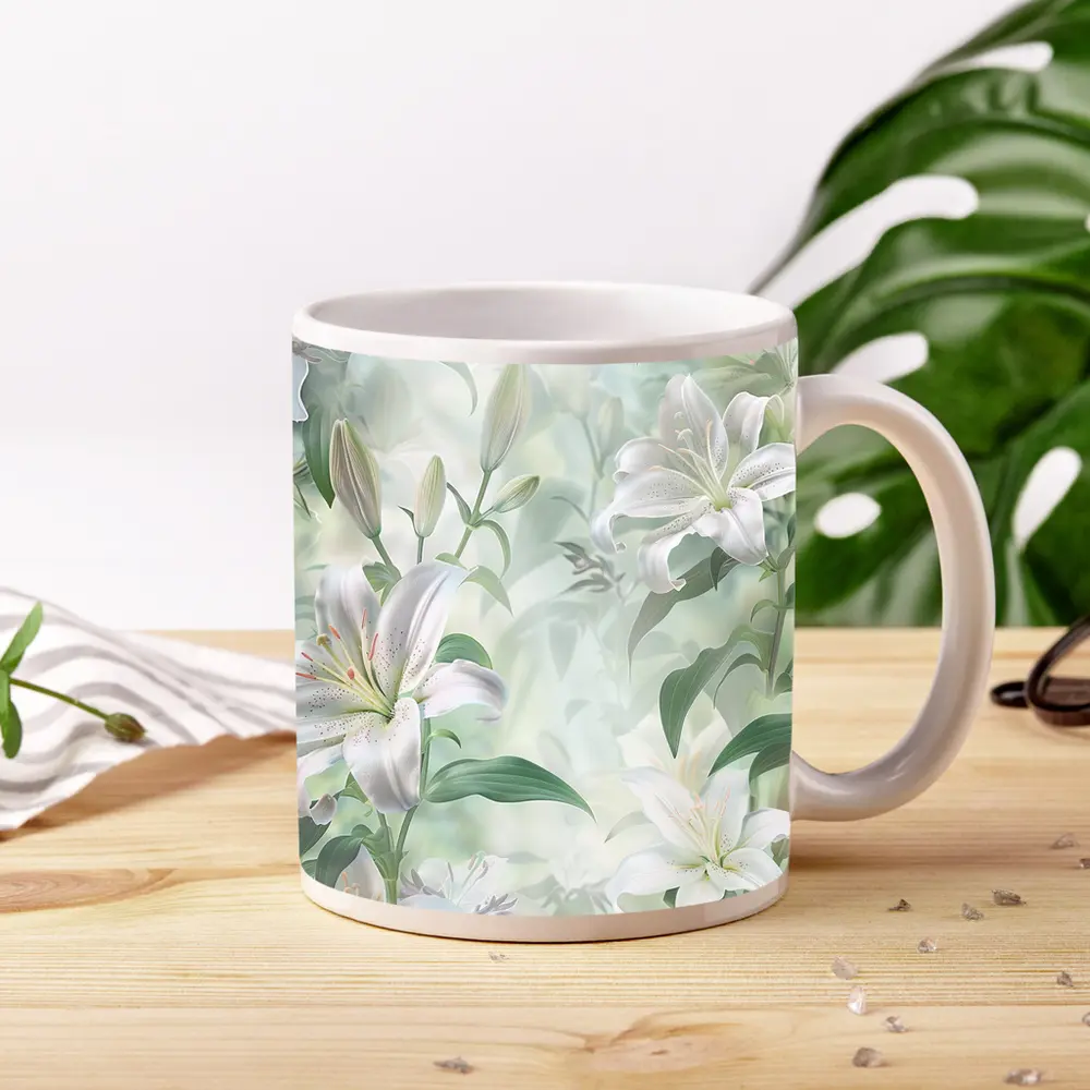 White Lily Flowers Soft Green Botanical Art – Mugs
