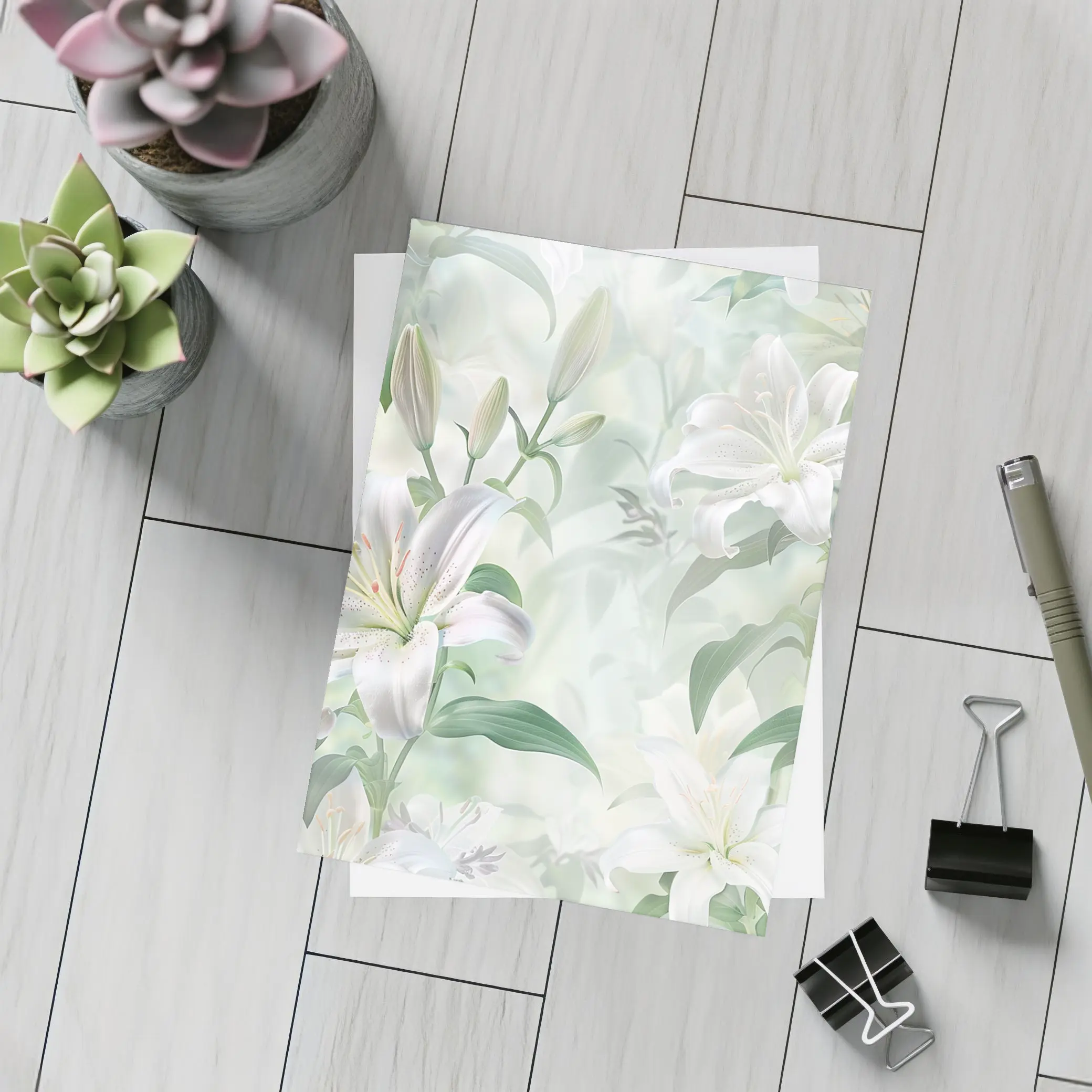 White Lily Flowers Soft Green Botanical Art – Postcards