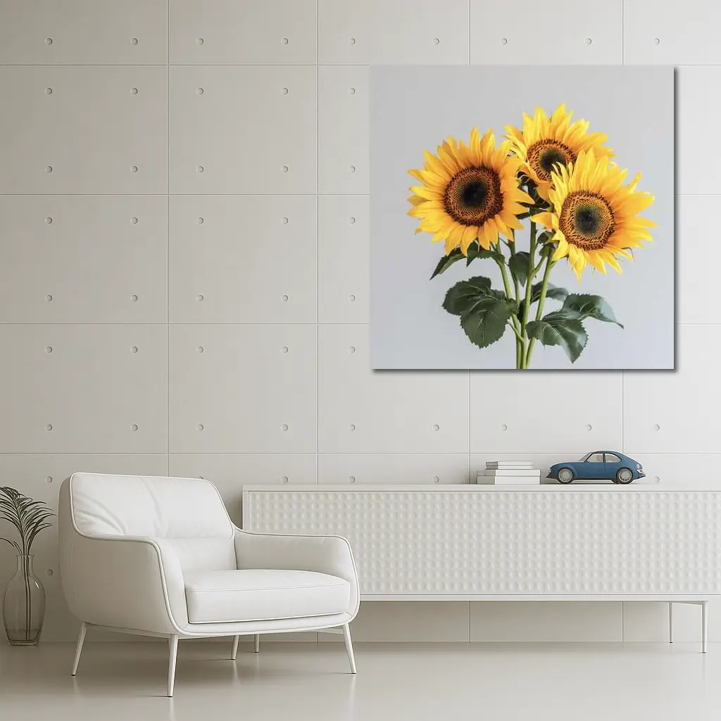 Three Sunflowers Bouquet On Gray Background – Wall Art