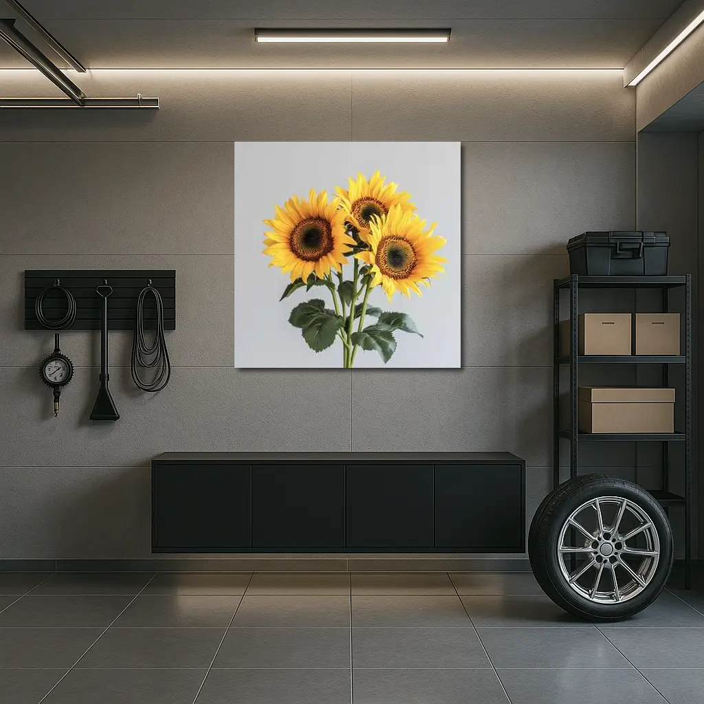 Three Sunflowers Bouquet On Gray Background – Wall Art