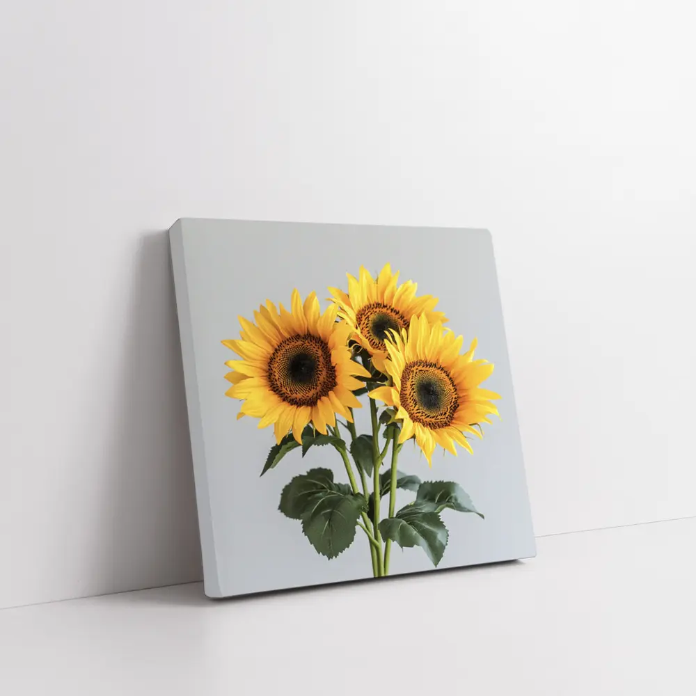 Three Sunflowers Bouquet On Gray Background – Wall Art