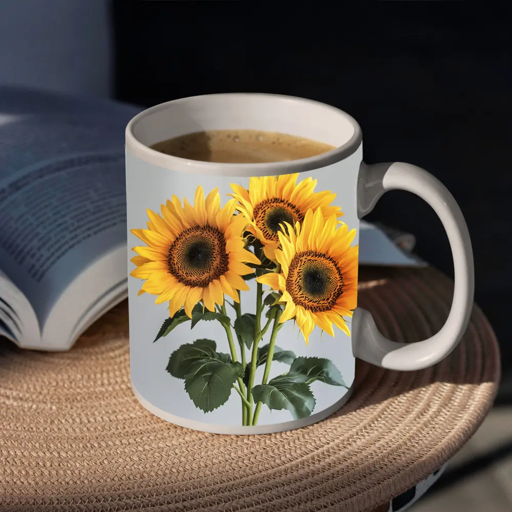 Three Sunflowers Bouquet On Gray Background – Mugs