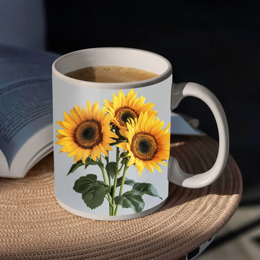 Three Sunflowers Bouquet On Gray Background – Mugs