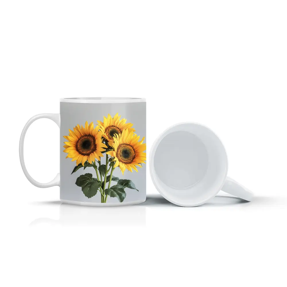 Three Sunflowers Bouquet On Gray Background – Mugs