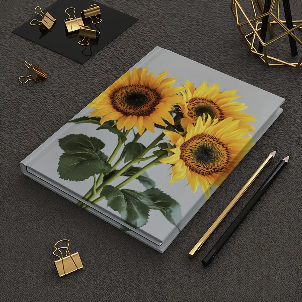 Three Sunflowers Bouquet On Gray Background – Notebooks