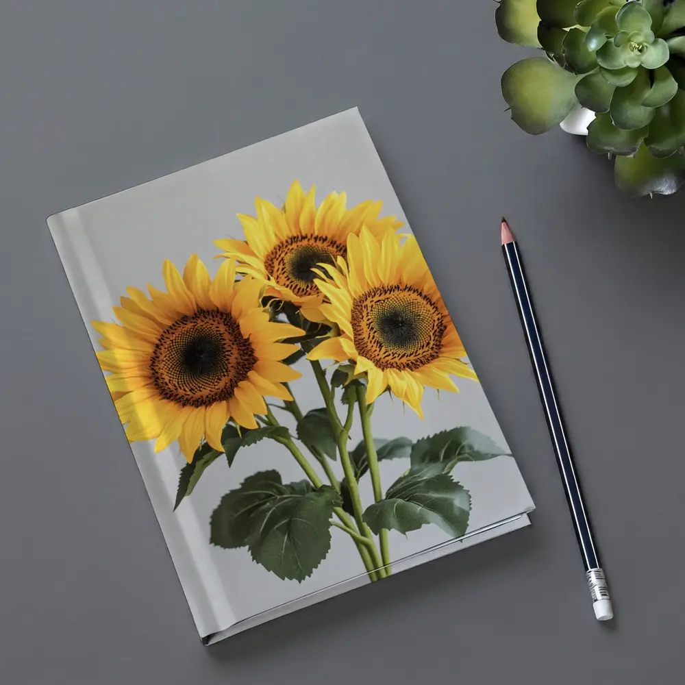 Three Sunflowers Bouquet On Gray Background – Notebooks