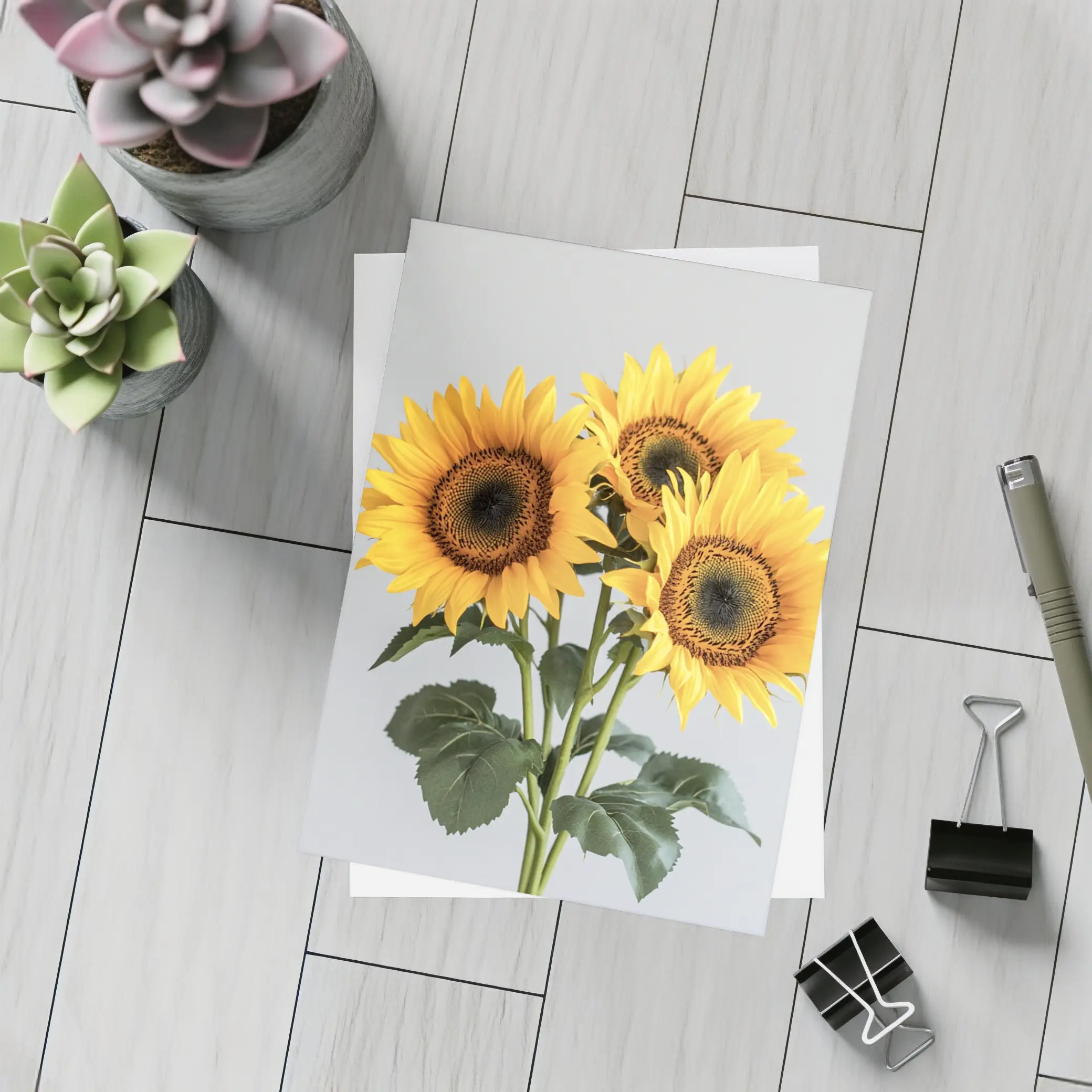 Three Sunflowers Bouquet On Gray Background – Postcards