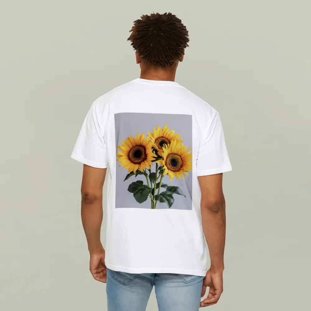 Three Sunflowers Bouquet On Gray Background – T-Shirts