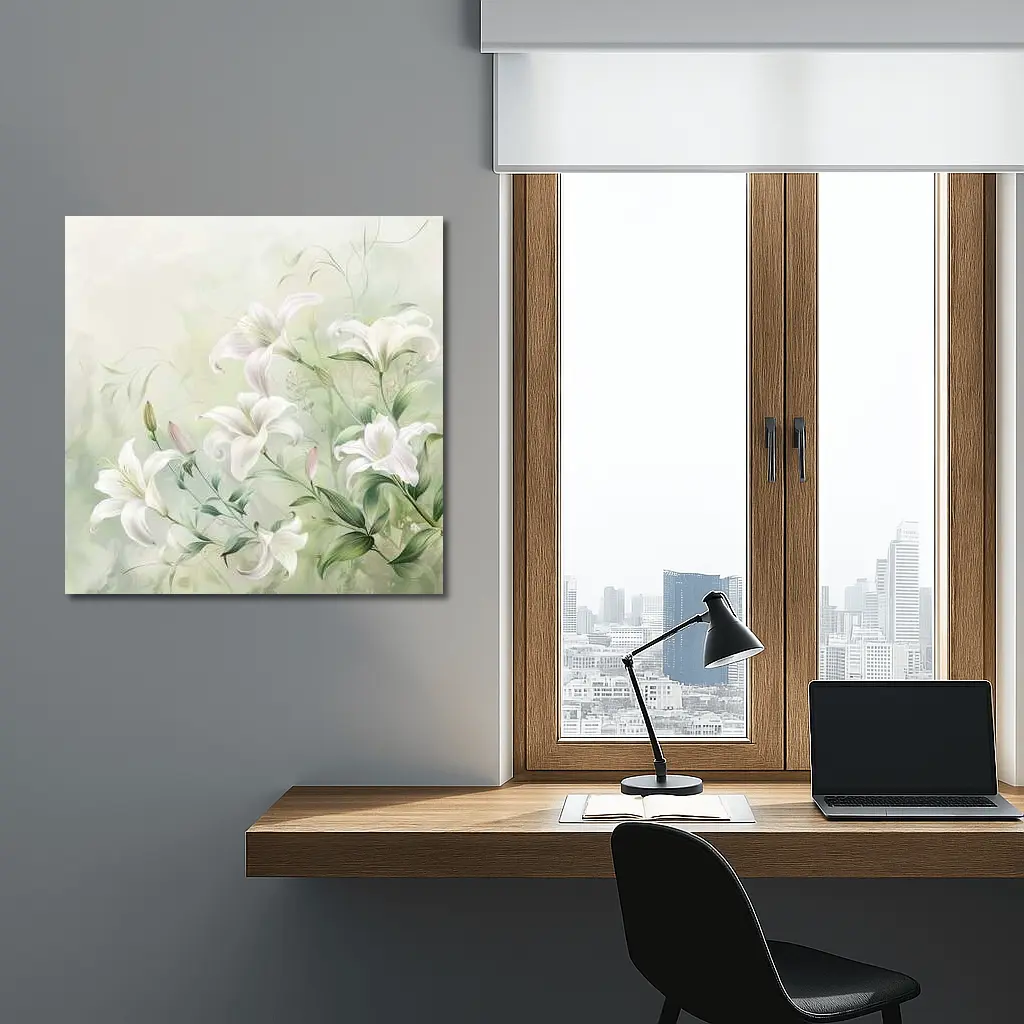 White Lily Flowers Soft Green Botanical Art – Wall Art