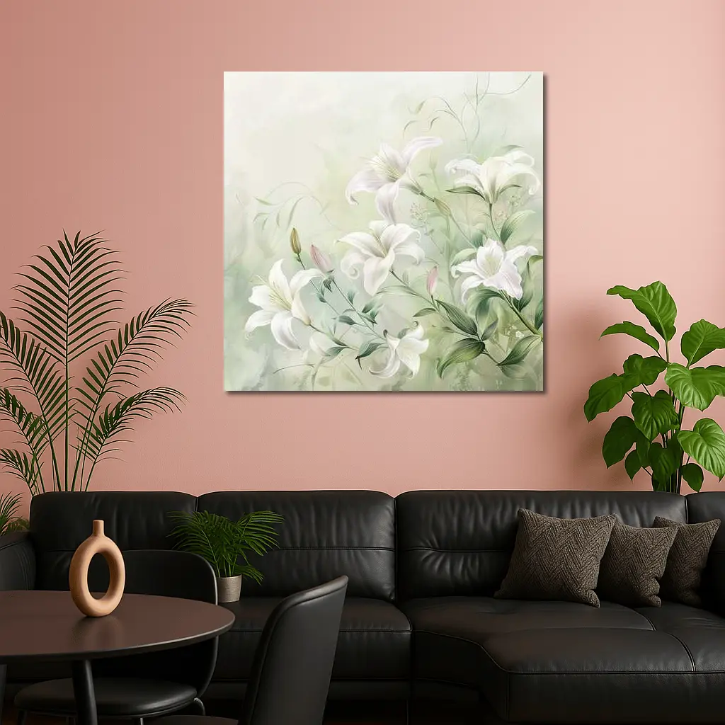 White Lily Flowers Soft Green Botanical Art – Wall Art