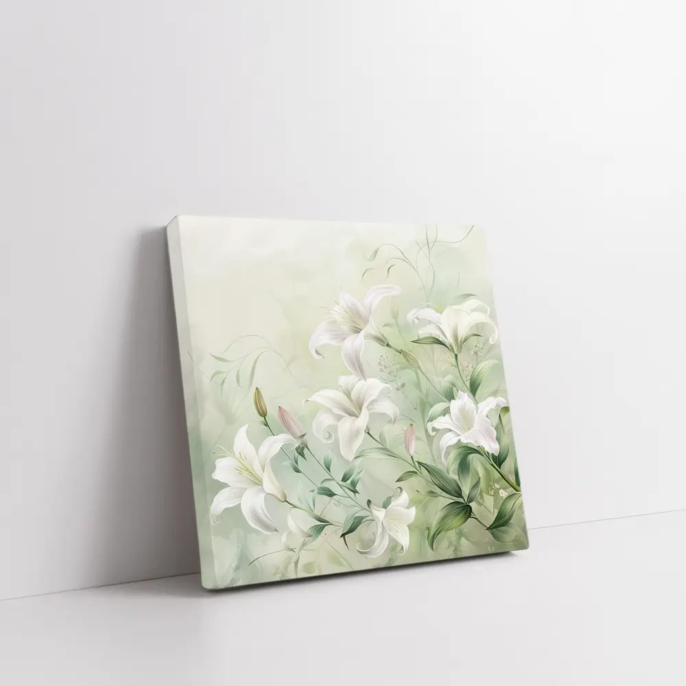 White Lily Flowers Soft Green Botanical Art – Wall Art