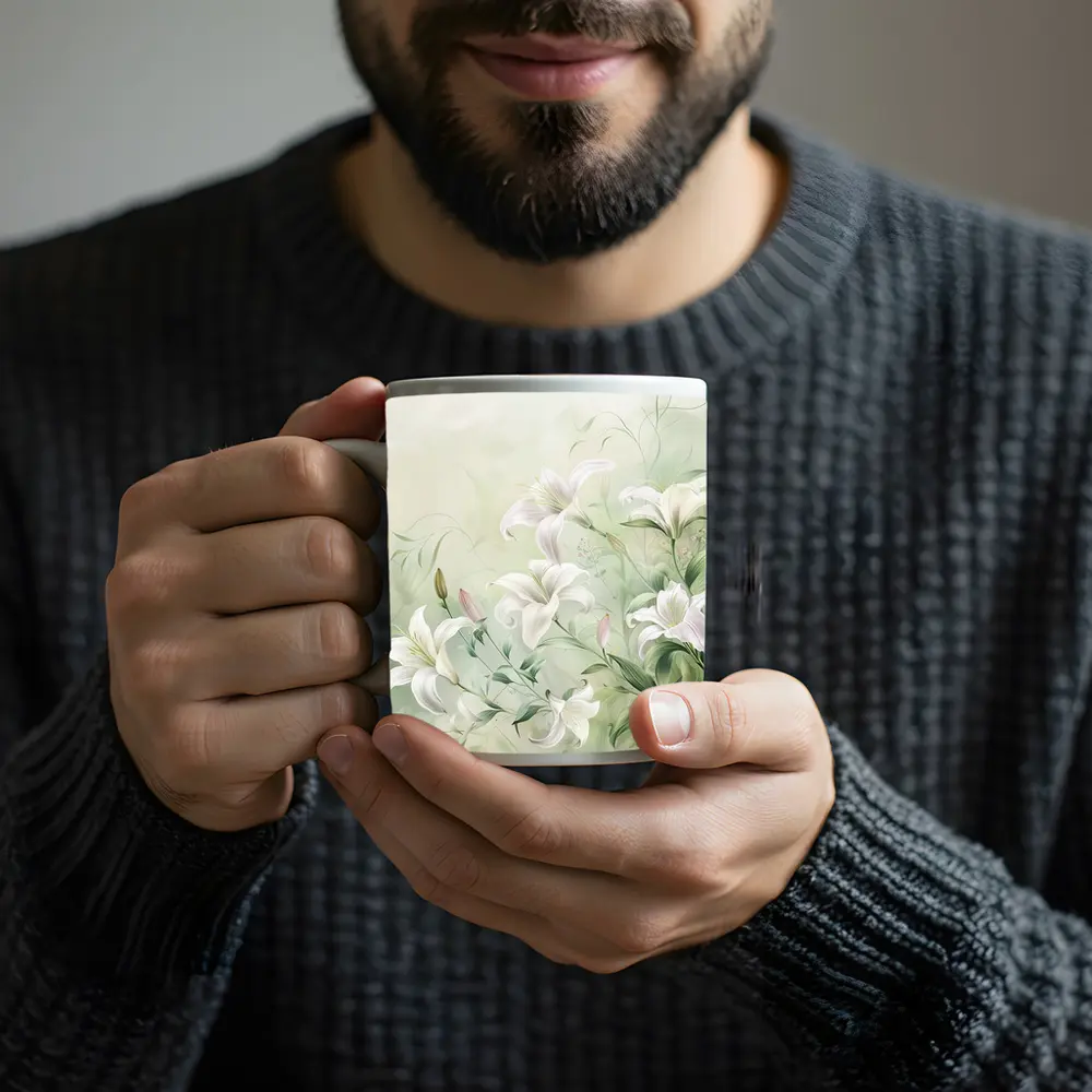 White Lily Flowers Soft Green Botanical Art – Mugs